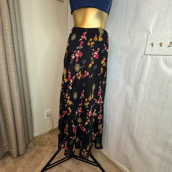 Floral Women's Maxi Lined Skirt Small Oriental Elastic Waist Lined Black Red Ylw - Picture 3 of 7